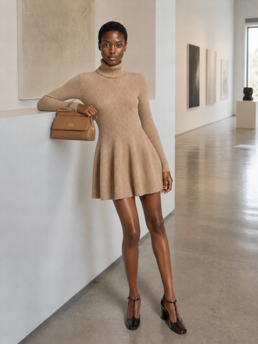 I built this around the camel knit dress rather than tailoring separates to keep the line clean and let the bag’s structured shape shine against a soft, tonal base. The ribbed torso and flared mini skirt play beautifully with the bag’s architecture, while the sculpted espresso heel grounds the palette and keeps the mood quietly powerful for city winters. Add fine gold jewellery and sheer or tonal tights to adjust how formal you want it to feel from daytime meetings to dinner.