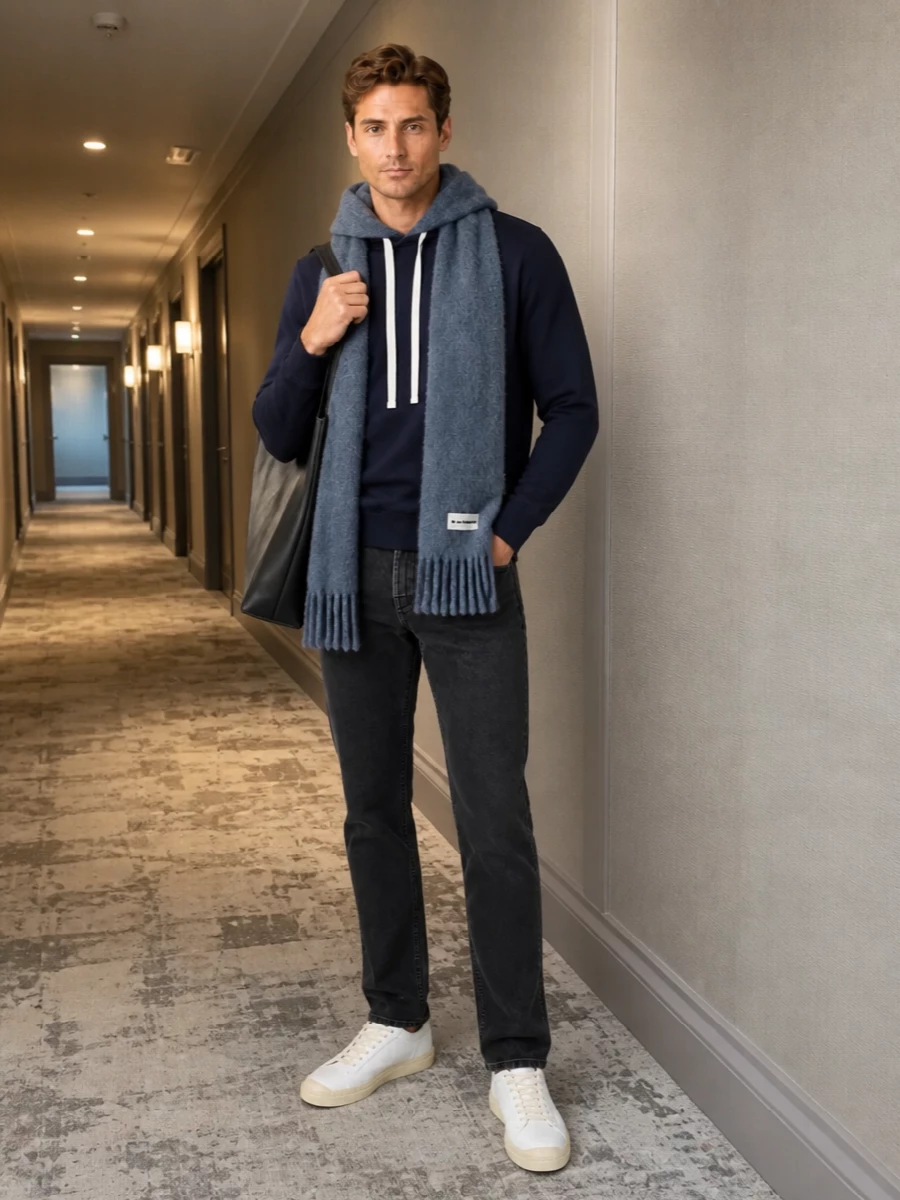 Jil sander navy hoodie charcoal jeans white sneakers