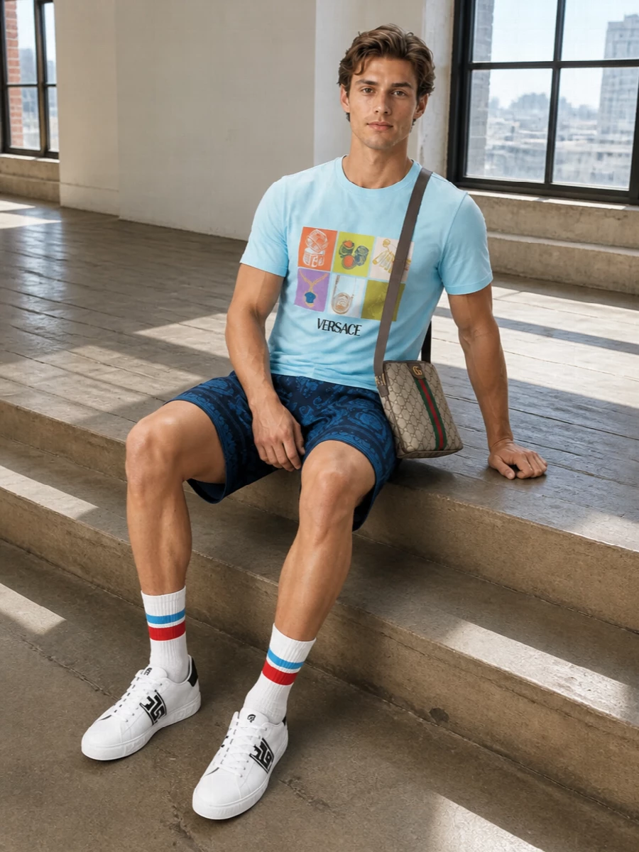 Versace pastel tee navy baroque shorts sneakers