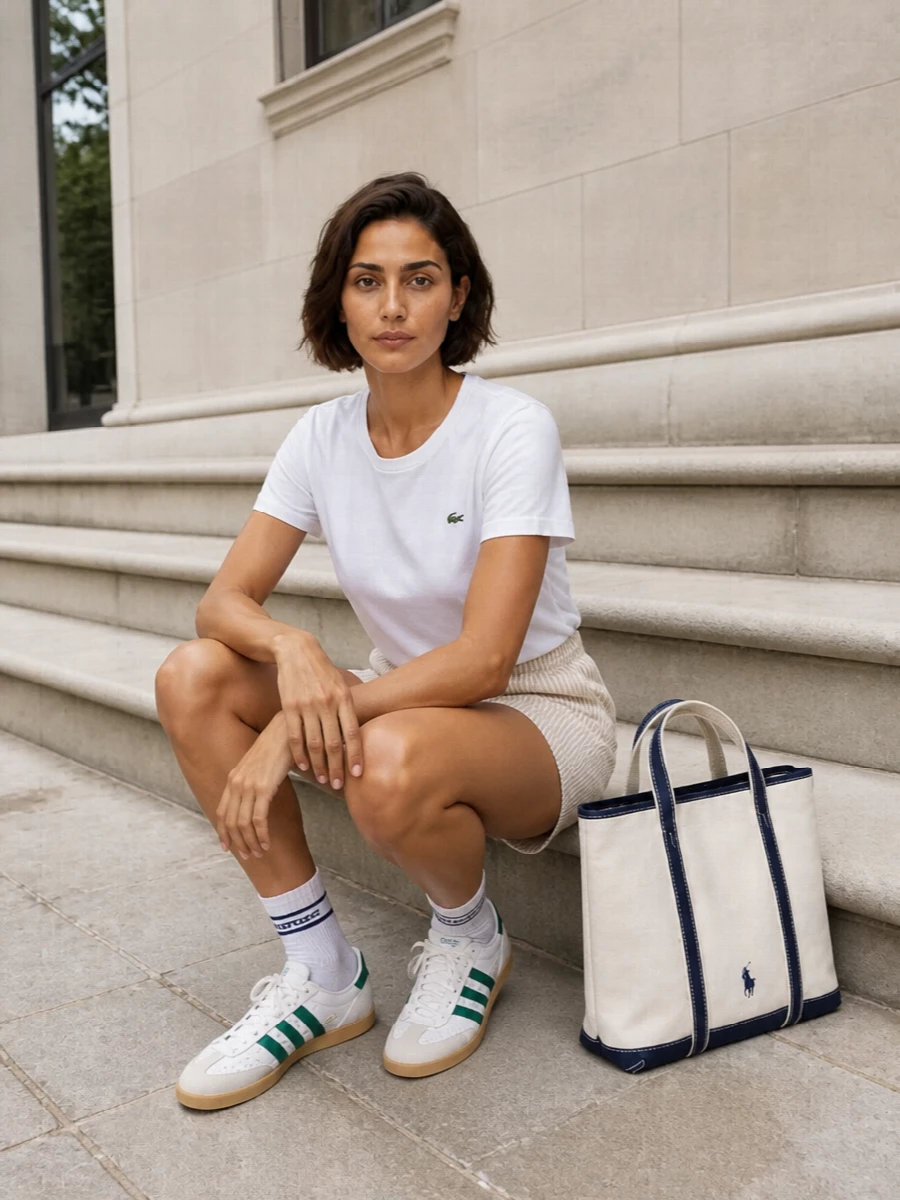 This is an easy, sport-club take on summer dressing, with the crisp white Lacoste tee grounded by relaxed striped shorts and a hit of green at the sneaker. The structured cream-and-navy tote and varsity-detail socks keep it feeling intentional and preppy without losing the laid-back ease.