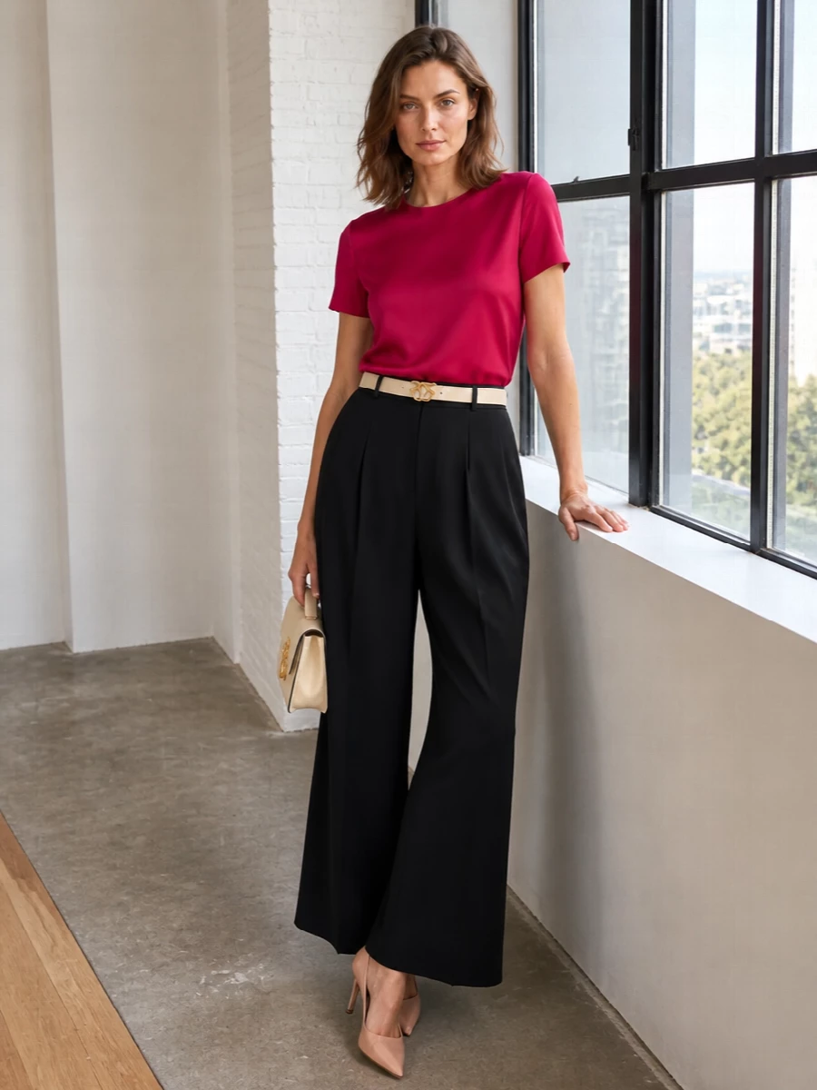 Parosh fuchsia blouse black wide leg trousers outfit
