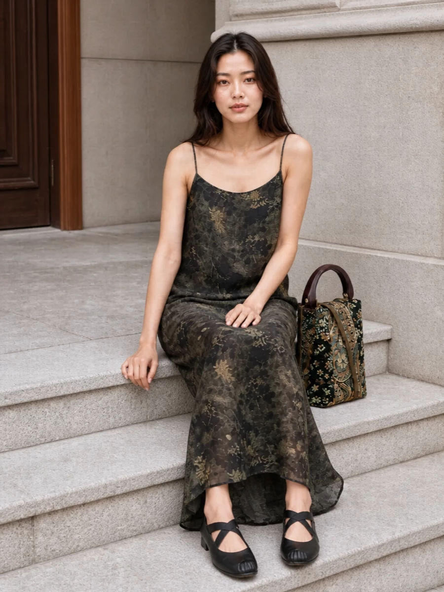 A moody floral Uma Wang column meets sculptural black ballerinas and a tapestry Dries Van Noten tote for a romantic, art-world evening. The long, fluid line stays relaxed, while the low heel and compact bag keep everything quietly composed and walkable. It is soft, poetic dressing for city nights when you want nuance rather than shine.