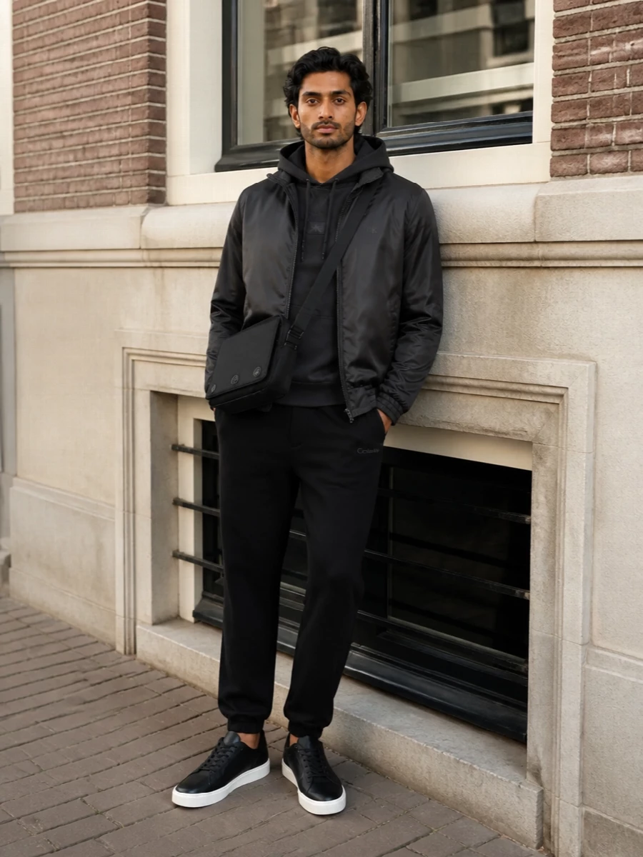 Calvin klein bomber joggers sneakers outfit