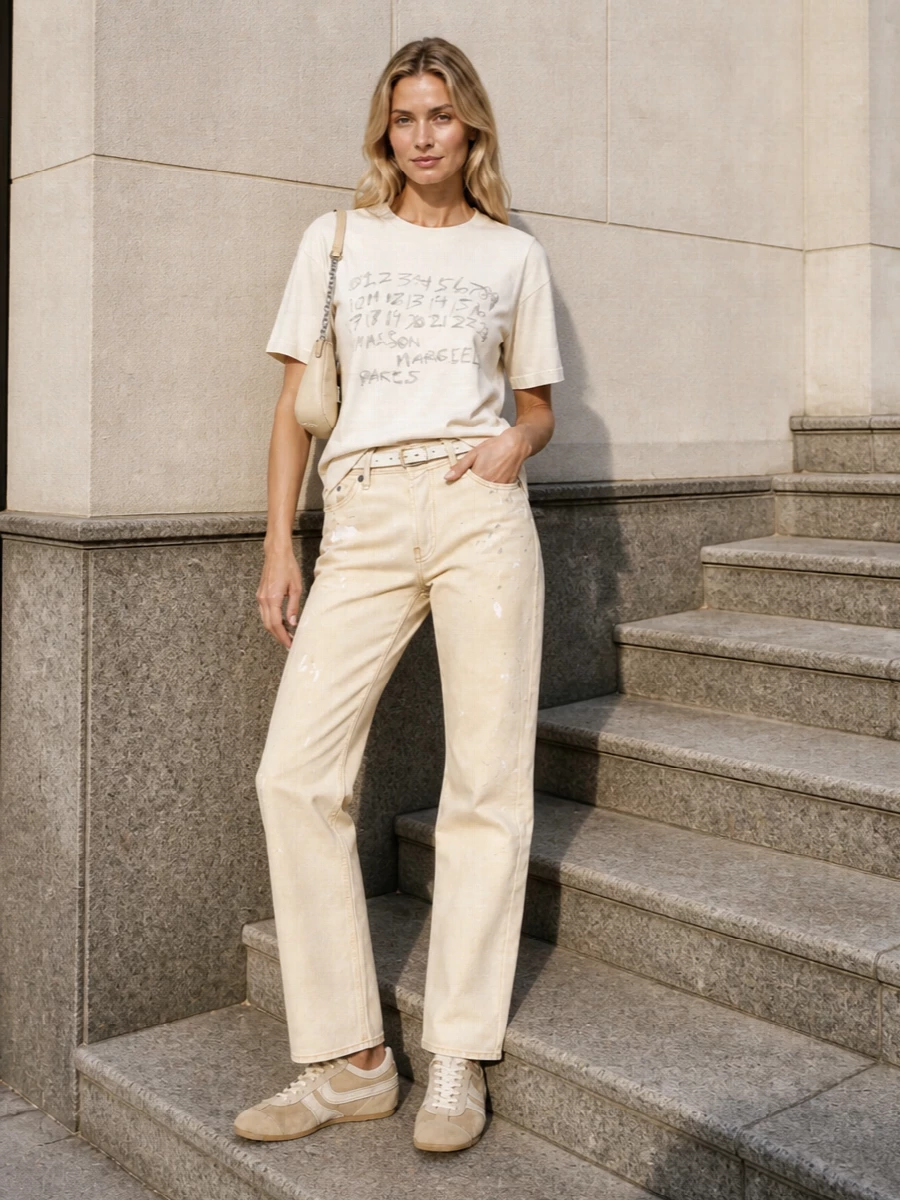 Buttercream splatter denim is grounded with a slouchy Margiela graphic tee for a soft, art-studio take on streetwear. Sand toned Dries sneakers and a matching Margiela crescent bag keep everything in a warm, quiet neutral story. A fine white Bottega belt lightly defines the mid rise, so the straight leg feels easy but still considered.