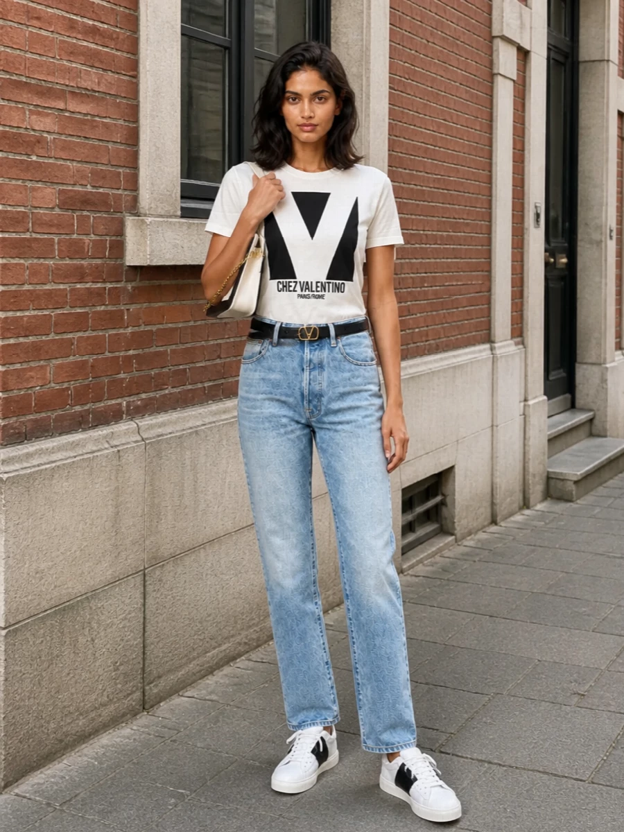 A graphic Valentino tee meets light-wash straight denim for a clean, relaxed foundation that feels modern and unfussy. The white-and-black sneakers and structured two-tone tote echo the bold logo, keeping the palette tight and intentional. A slim black belt finishes it with just enough polish to move from errands to a casual lunch without changing a thing.