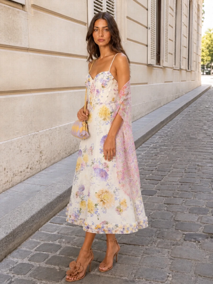Zimmermann floral midi dress tan sandals