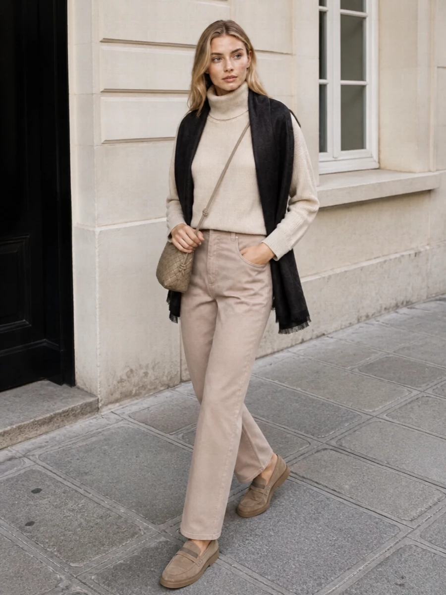 Stone-beige straight-leg trousers are paired with an oatmeal ribbed turtleneck for a fully tonal, quietly luxurious base that feels relaxed yet precise. Taupe suede loafers and a woven taupe cross-body keep the line soft and considered, while a deep charcoal scarf adds just enough contrast to sharpen the neutrals without disturbing the minimalist mood.
