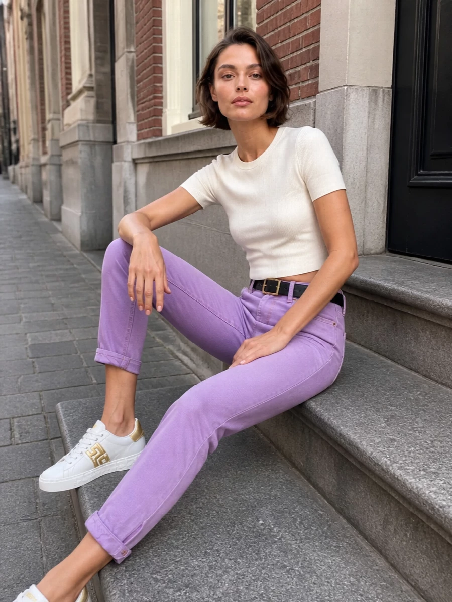 Lilac denim sets the tone, paired with a cropped ivory tee for a clean, preppy take on soft color. White leather sneakers with gold accents keep it relaxed yet polished, while a cream baguette bag and slim black belt finish the outfit with quiet structure and just enough hardware shine. It is an easy spring city uniform that feels fresh but considered.