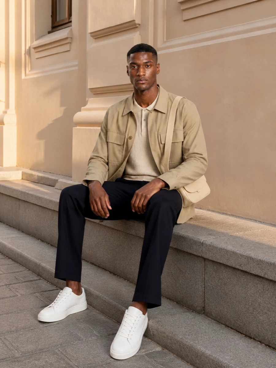 Lardini beige shirt jacket navy trousers outfit