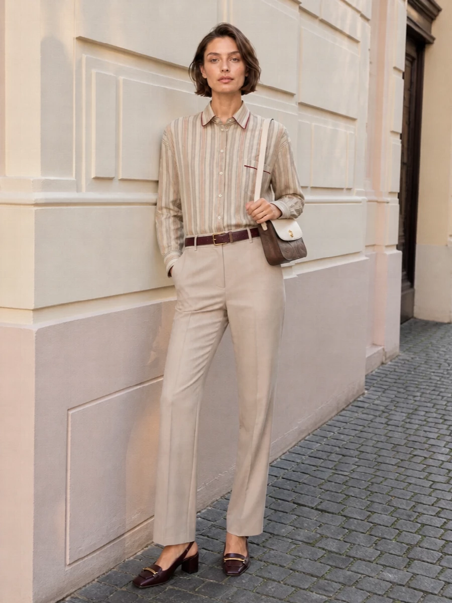 Etro striped shirt beige trousers burgundy shoes