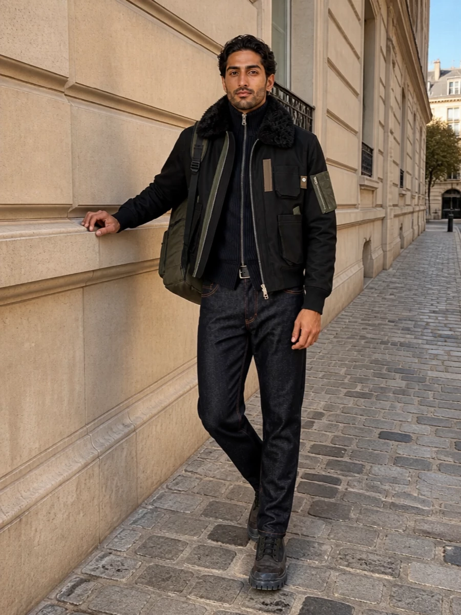 Sacai winter jacket raw denim boot outfit