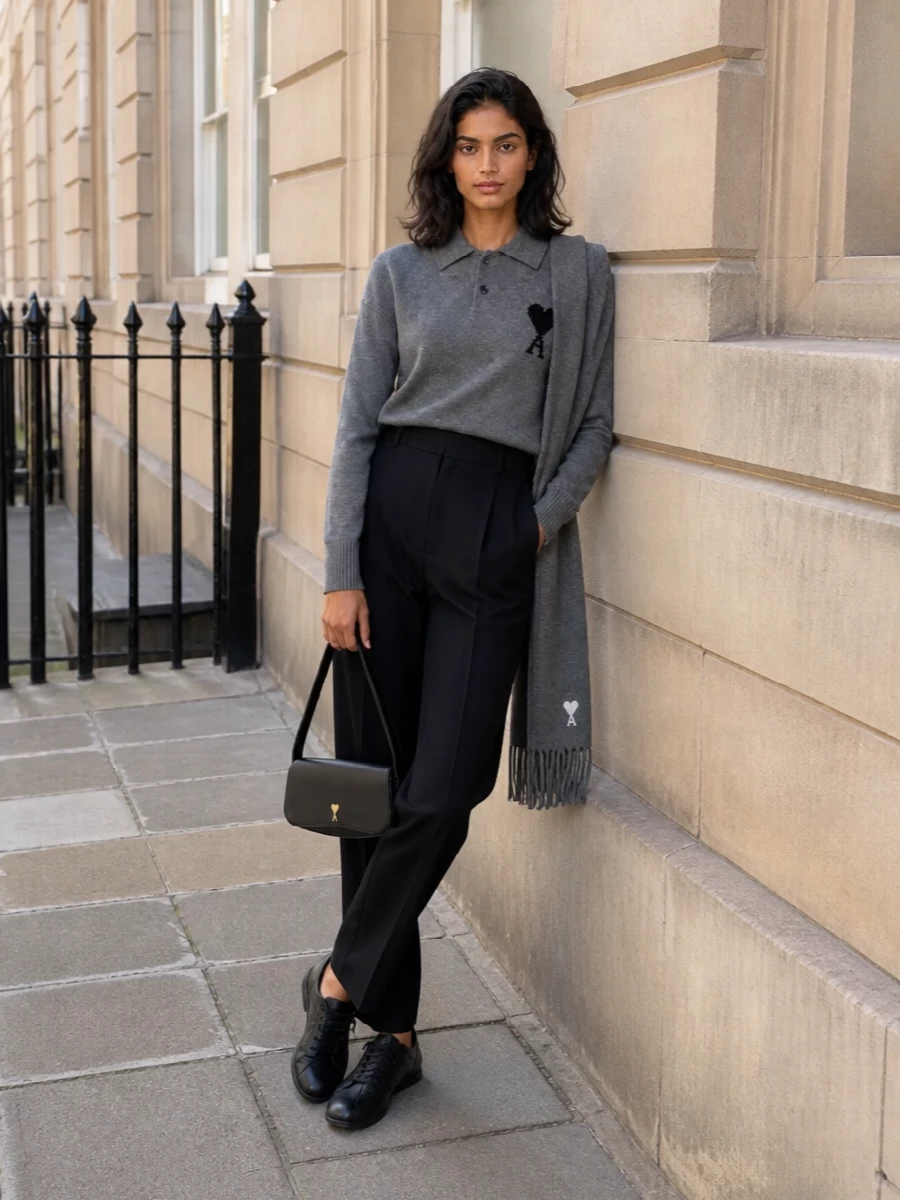 Ami paris grey polo sweater black trousers