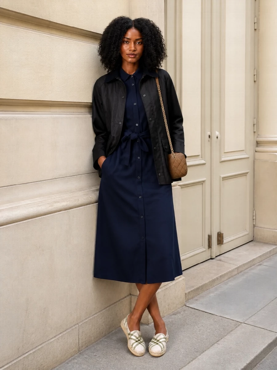 Barbour field jacket navy shirt dress outfit