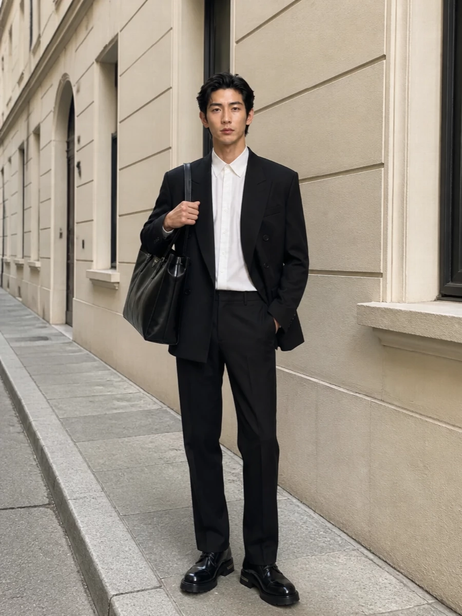 Balenciaga blazer black trousers prada tote