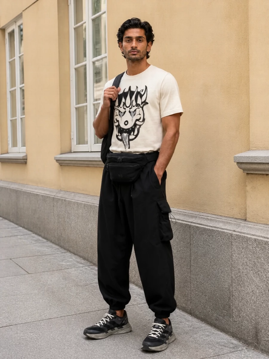 Y3 graphic tee black cargo joggers sneakers