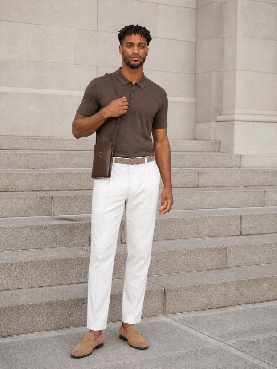 Herno brown polo off white trousers suede loafers