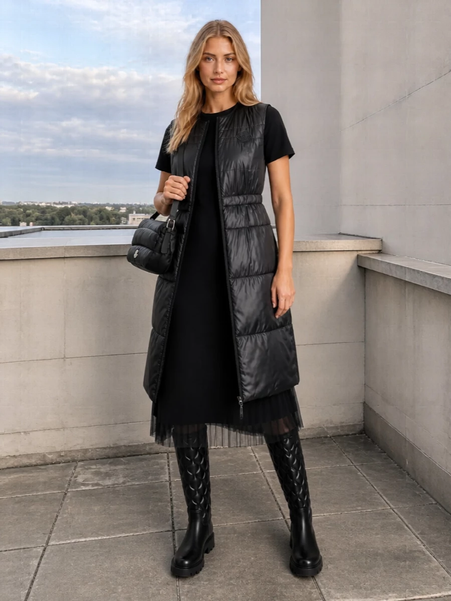 Moncler padded gilet black midi dress boots