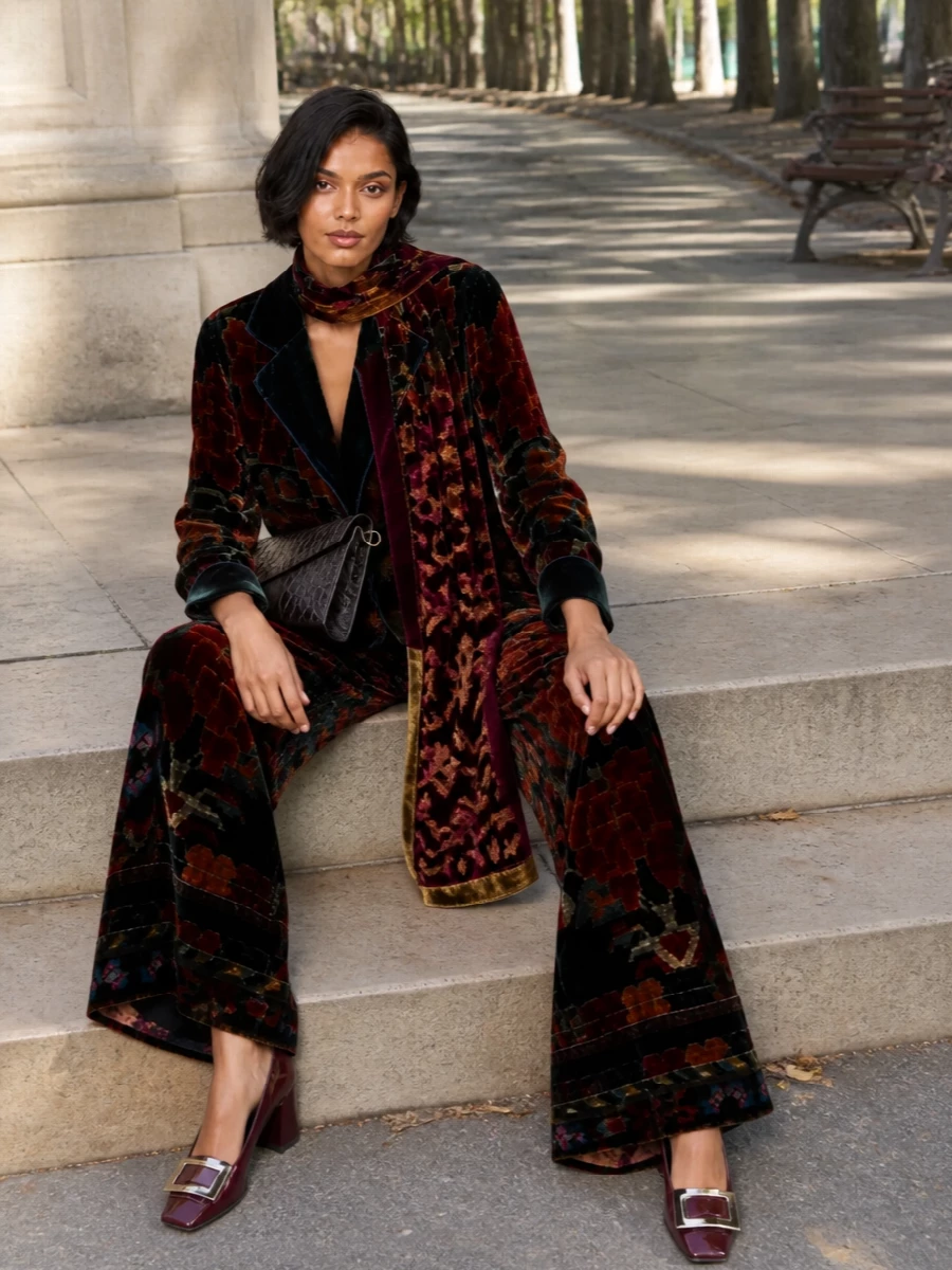 Pierre louise mascia velvet suit burgundy pumps