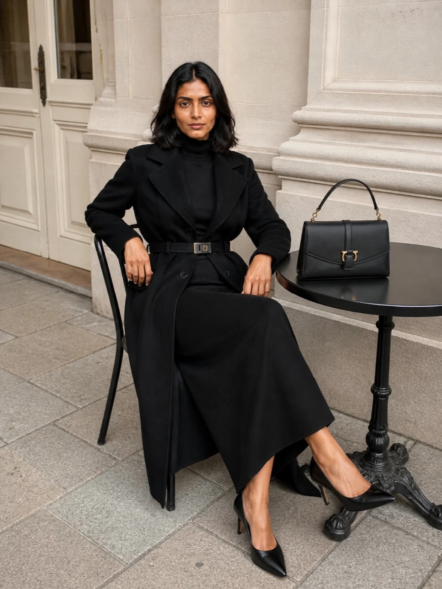 Ferragamo coat tom ford black maxi dress outfit