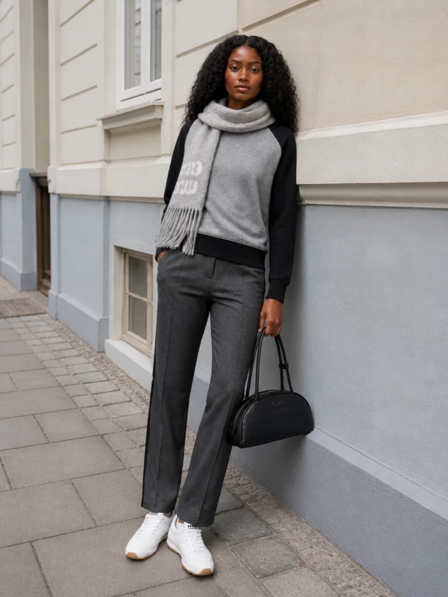 Miu miu grey sweatshirt tailored track pants outfit