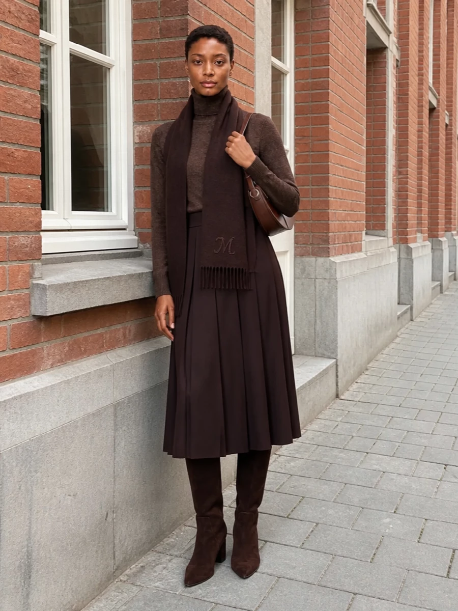 Parosh mocha turtleneck pleated midi outfit