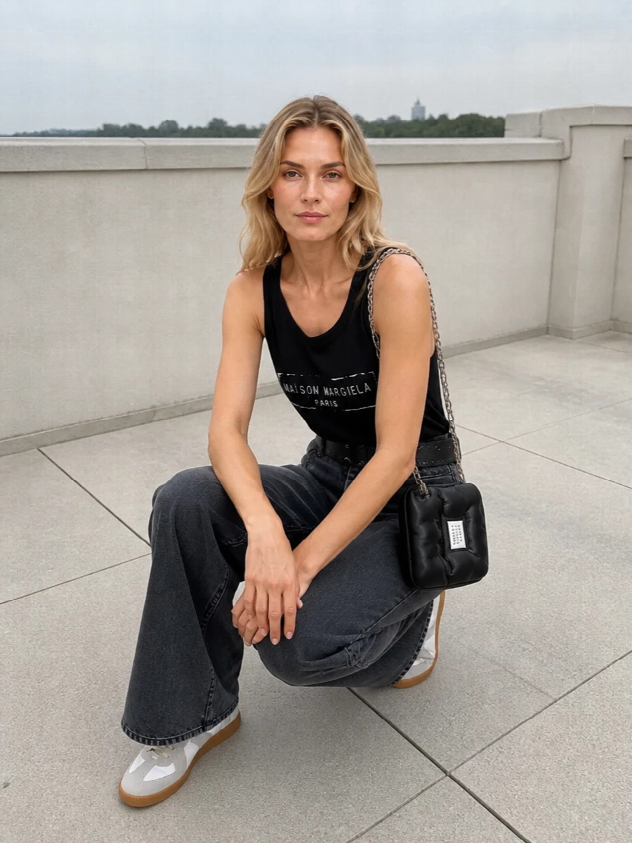 Maison margiela black tank wide leg jeans outfit