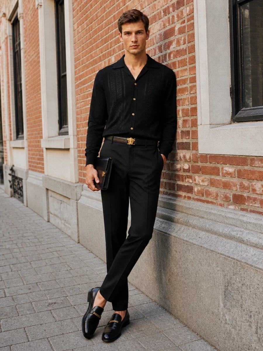 Versace black cardigan tailored trouser outfit