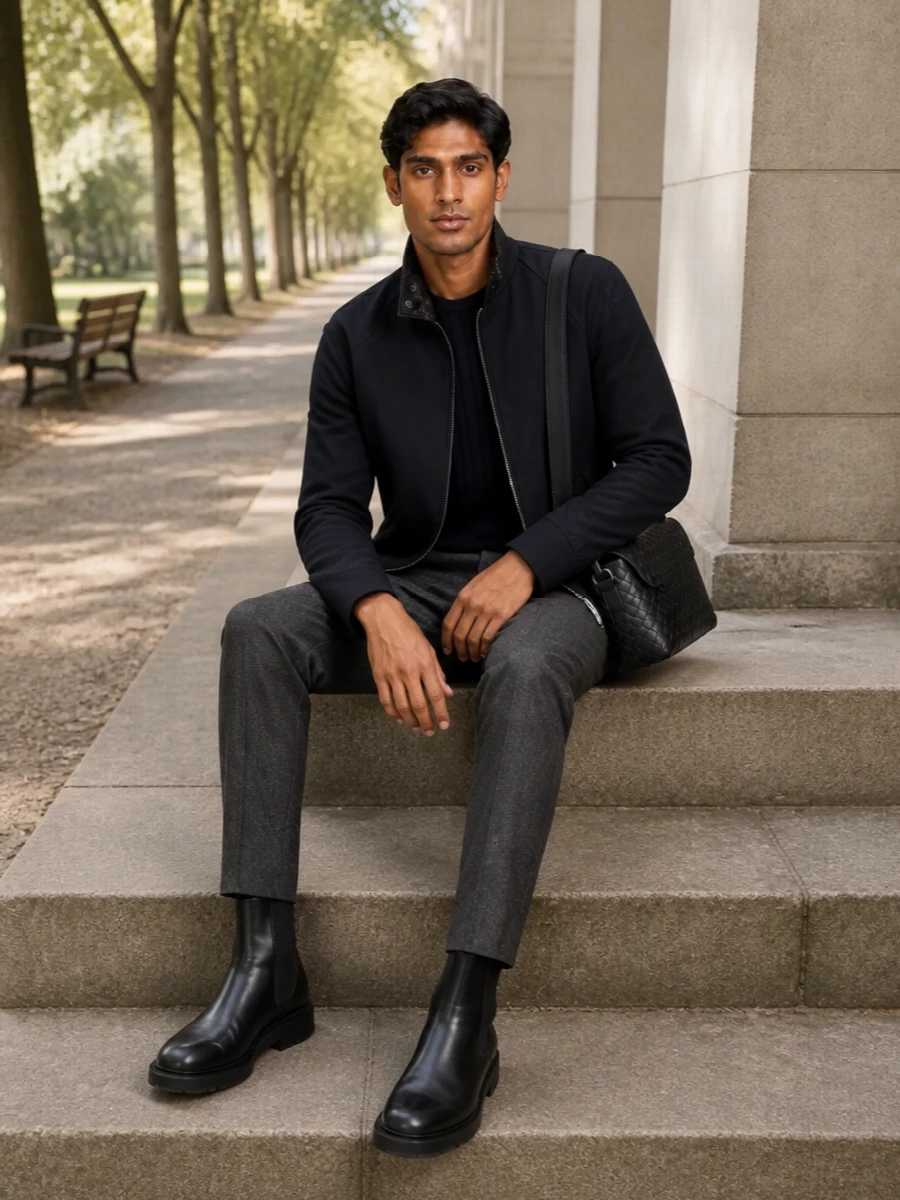 A tightly edited Bottega Veneta ensemble that leans on deep navy, charcoal and black for a calm, urban palette. The ribbed knit and pressed trouser create a clean vertical line under the sculpted blouson, while the Chelsea boots and intrecciato crossbody give the right amount of structure for city days that move into evening. It is polished without stiffness, relying on proportion and texture rather than visible branding to signal intent.