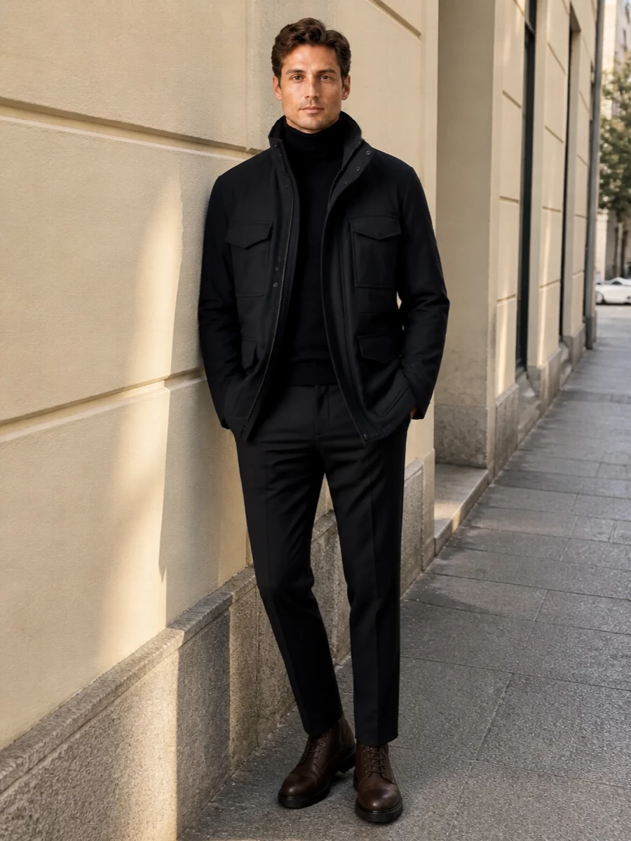 Brioni navy winter coat turtleneck boots