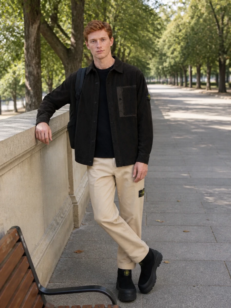 Stone island corduroy overshirt chinos outfit