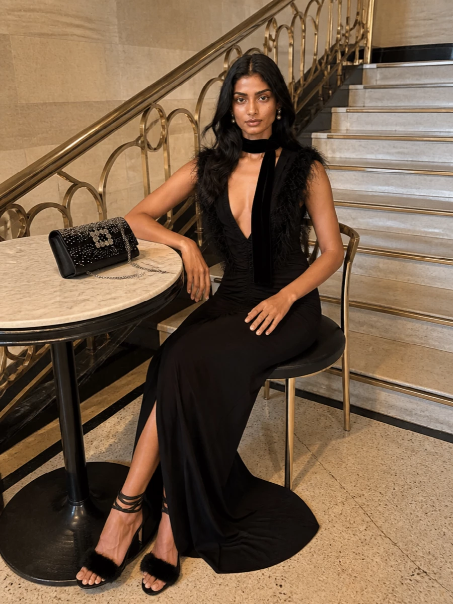Blumarine black feather gown crystal sandals