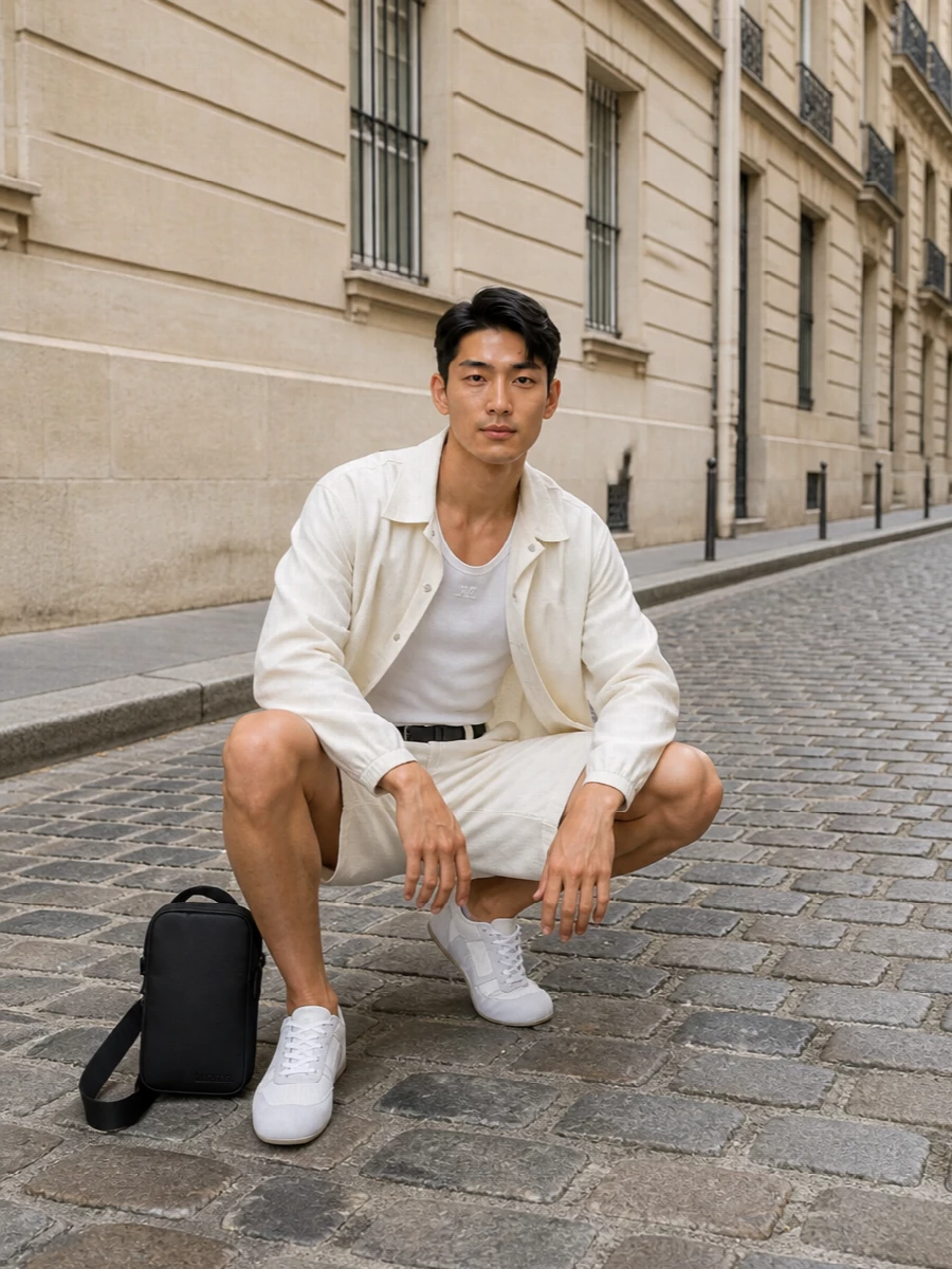 Courreges coach jacket tailored shorts outfit