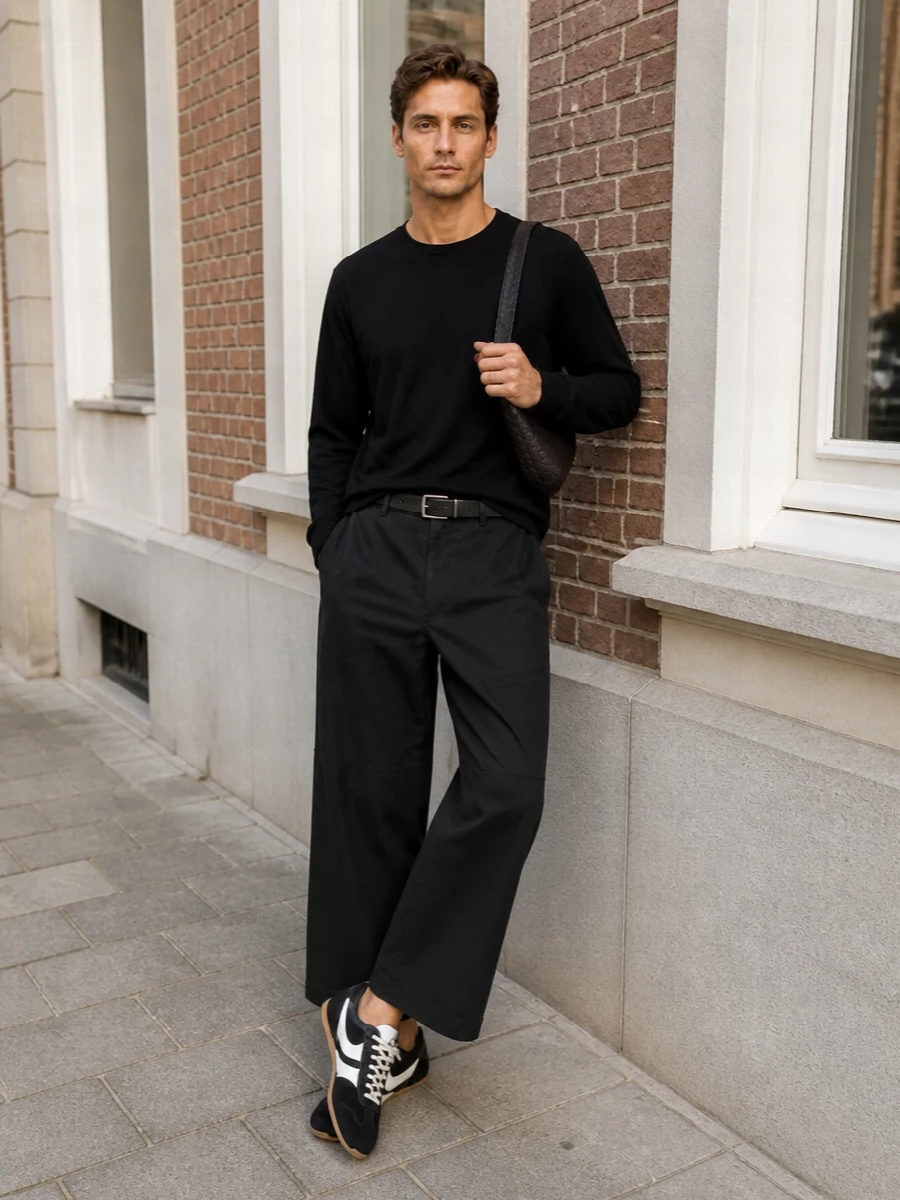 Deep black and charcoal build a calm, graphic base, with the elongated tee flowing straight into cropped, architectural wide-leg trousers. Low-profile black trainers keep it grounded in the street, while the slim belt and crescent crossbody quietly sharpen the silhouette without breaking the minimalist mood. It reads like a considered city uniform, relaxed in fit but precise in line and texture.