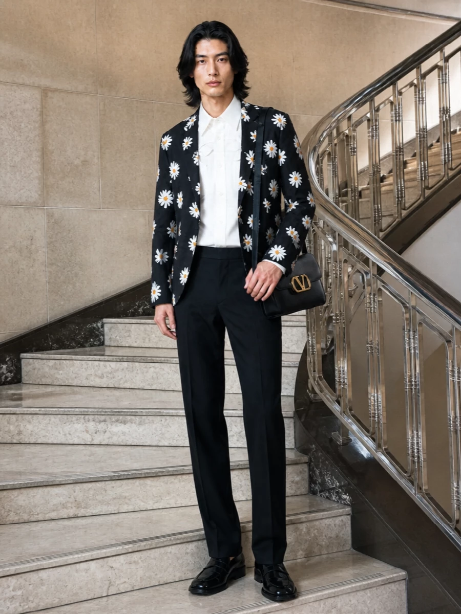 Moschino daisy blazer black trousers outfit