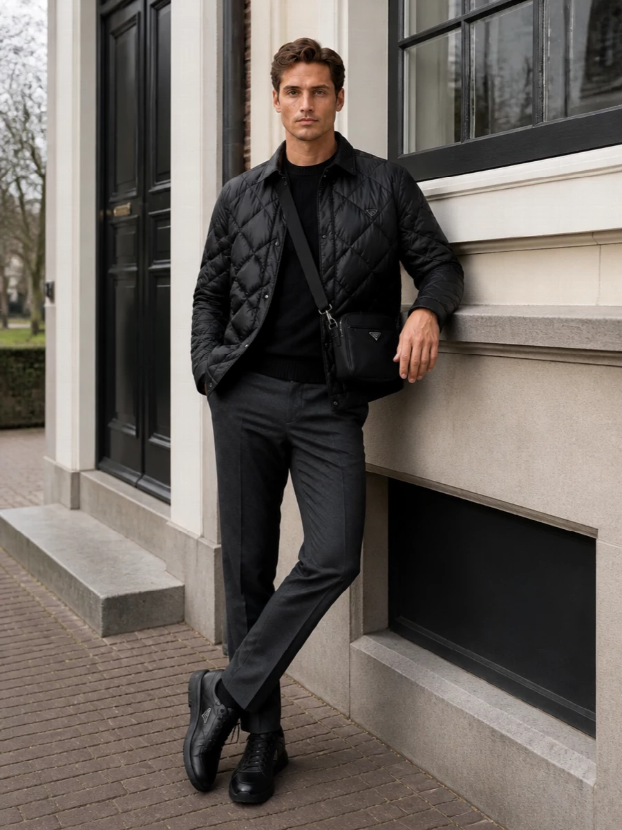 Prada quilted jacket charcoal trousers outfit