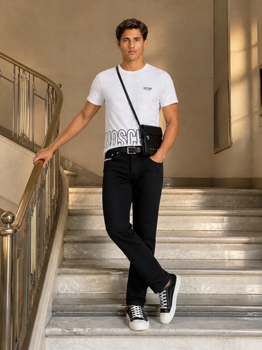 A crisp white Moschino tee and straight black jeans keep the palette tight and graphic, so the logo detailing feels intentional rather than loud. Canvas sneakers and a slim crossbody stay easy and functional, while a clean black belt adds just enough structure for city days. It is a relaxed street-preppy uniform that moves from daytime errands to casual dinners without needing a change.