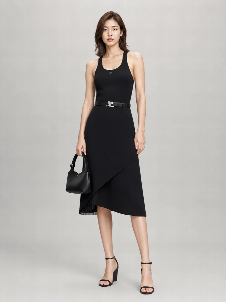 Courrèges Infinity Pleats A-Line Embroidered Logo Scoop Neck Asymmetric Hem Knee-Length Dress