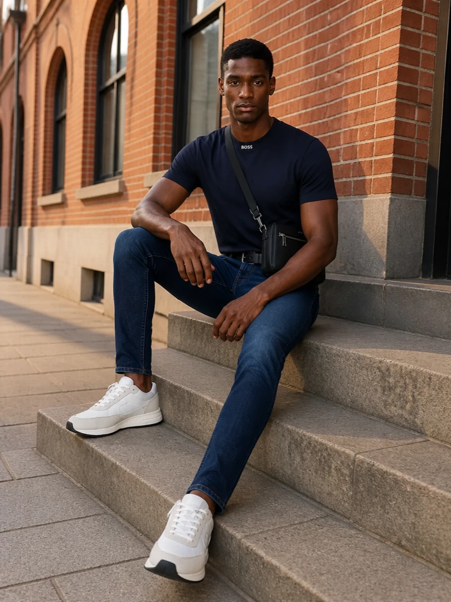Boss dark slim jeans navy tee white sneakers