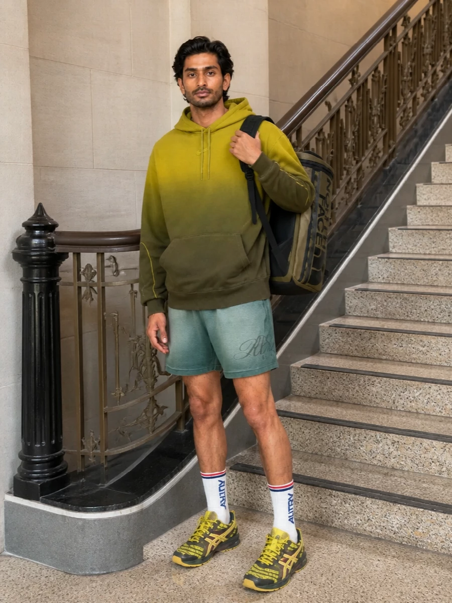 Nike gradient hoodie green shorts asics runners