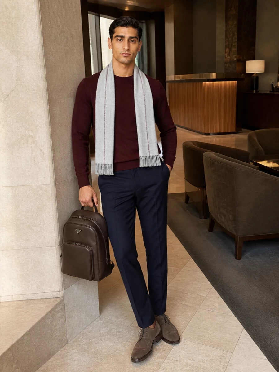 Burgundy and deep navy do the heavy lifting here, creating a rich, composed palette that feels right for colder months without slipping into formality. A straight, tailored trouser and rounded suede derby keep the silhouette clean but relaxed, while the chocolate leather backpack and soft grey scarf add quiet texture and depth. It is an easy city uniform for days when you want to look put together with minimal effort and maximum comfort.