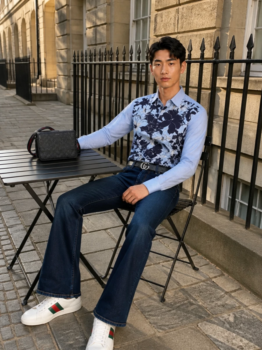 Gucci floral shirt flared jeans leather sneakers