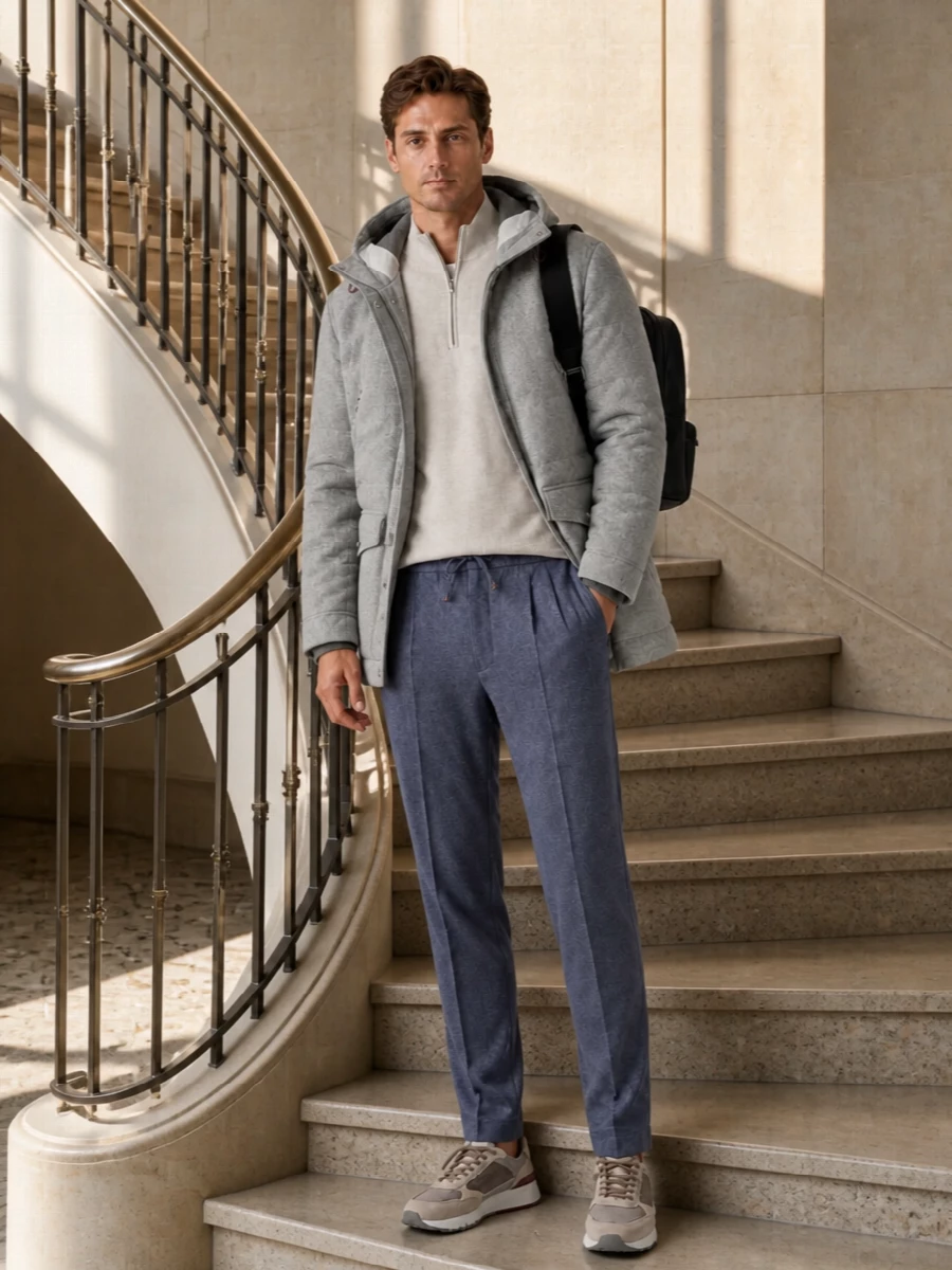Brunello cucinelli grey parka outfit sneakers