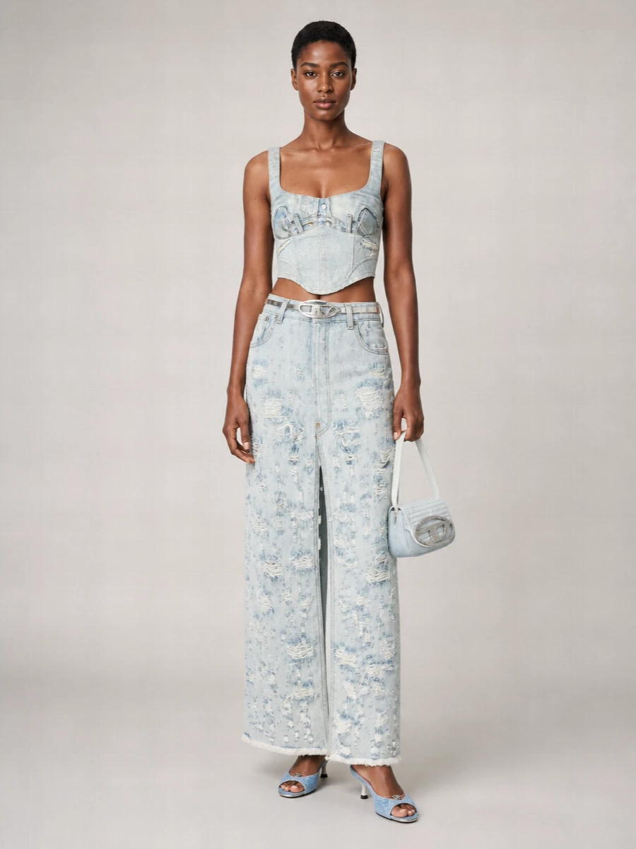 Haikure Denim Destroyed Maxi Skirt