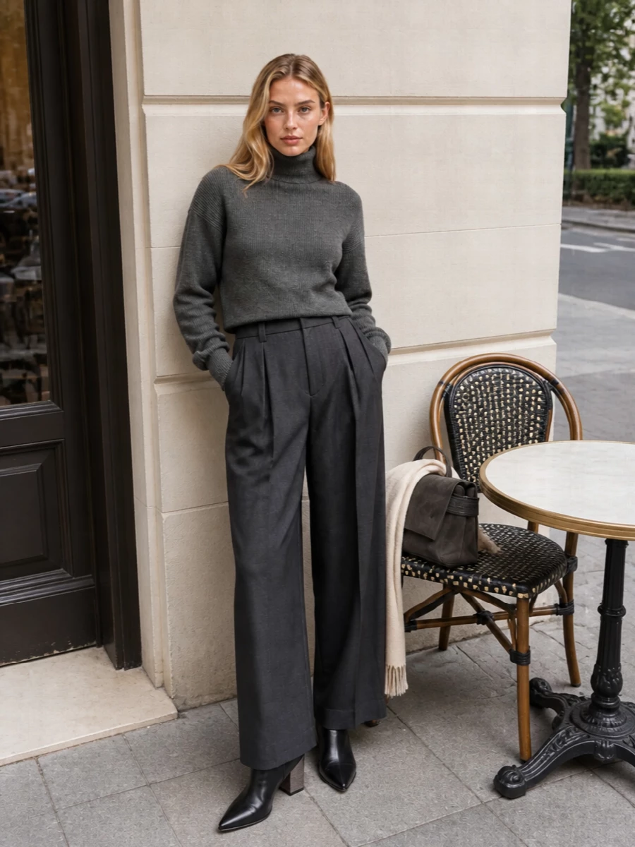 Brunello cucinelli charcoal turtleneck wide leg trousers