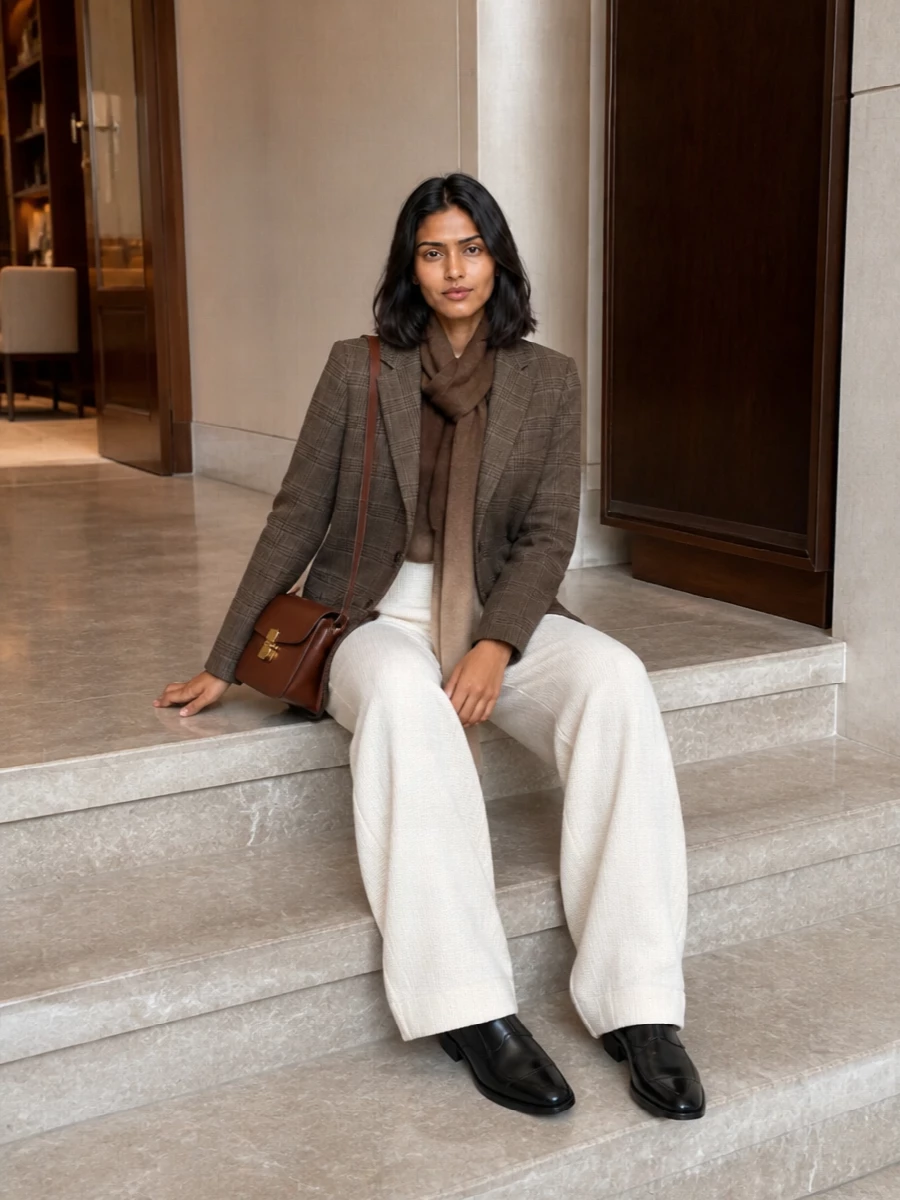 Apc blazer cream wide leg trousers outfit