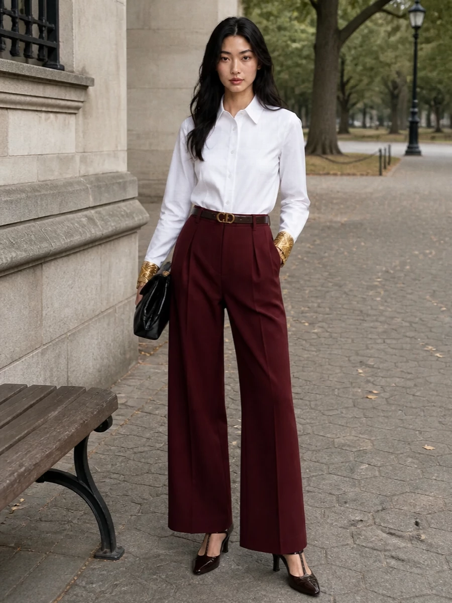 Dries van noten white shirt burgundy wide leg trousers
