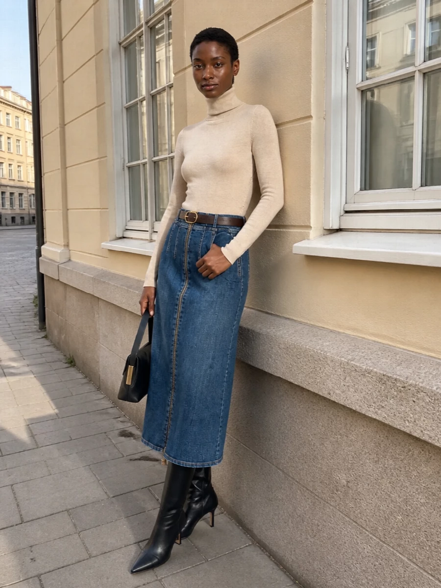 Elisabetta franchi denim skirt beige turtleneck outfit