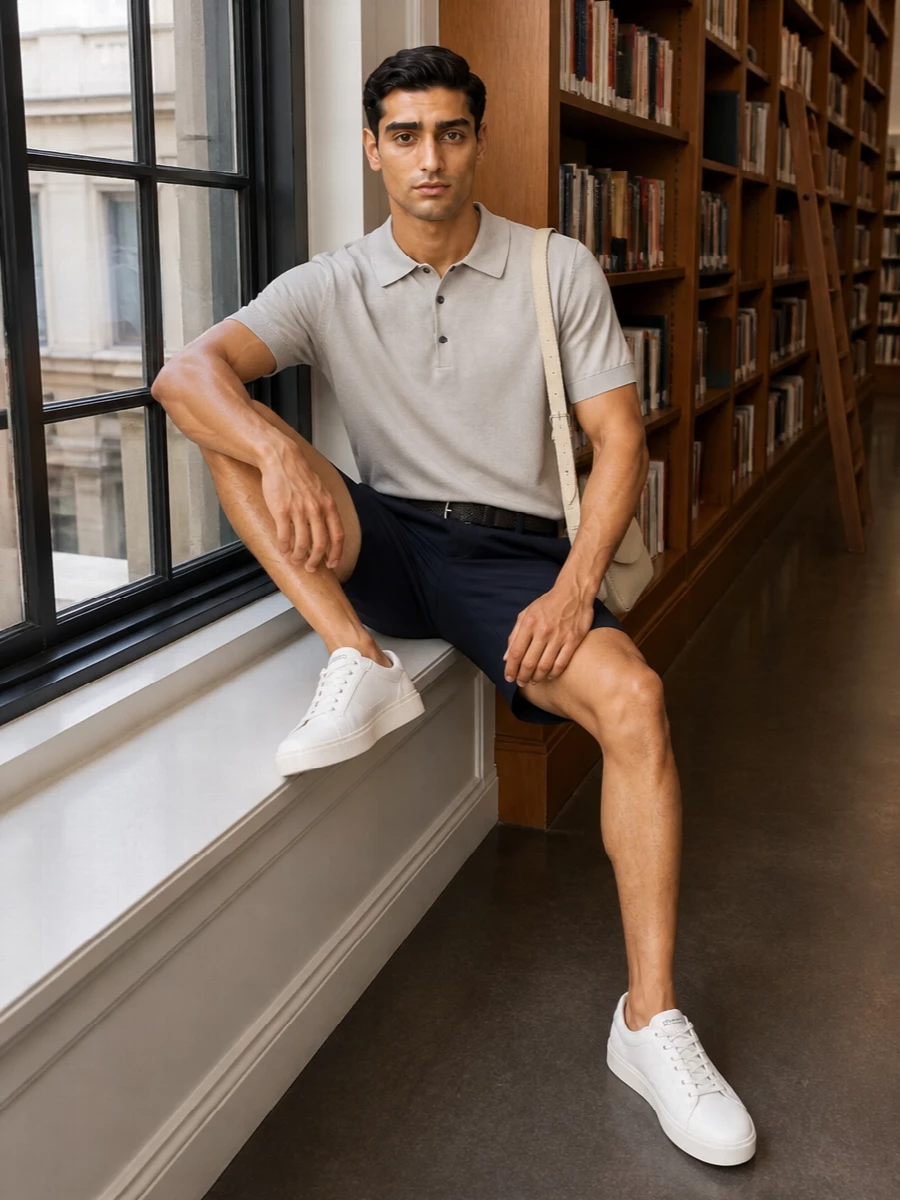 Stone knit polo and deep navy tailored shorts create a clean, collegiate take on warm‑weather dressing that still feels grown up. Off‑white Tod’s sneakers and a slim buttercream shoulder bag keep the palette soft and minimal, while a woven navy belt finishes the outfit with quiet structure. It is an easy uniform for city days, terrace lunches, and understated evenings by the water.