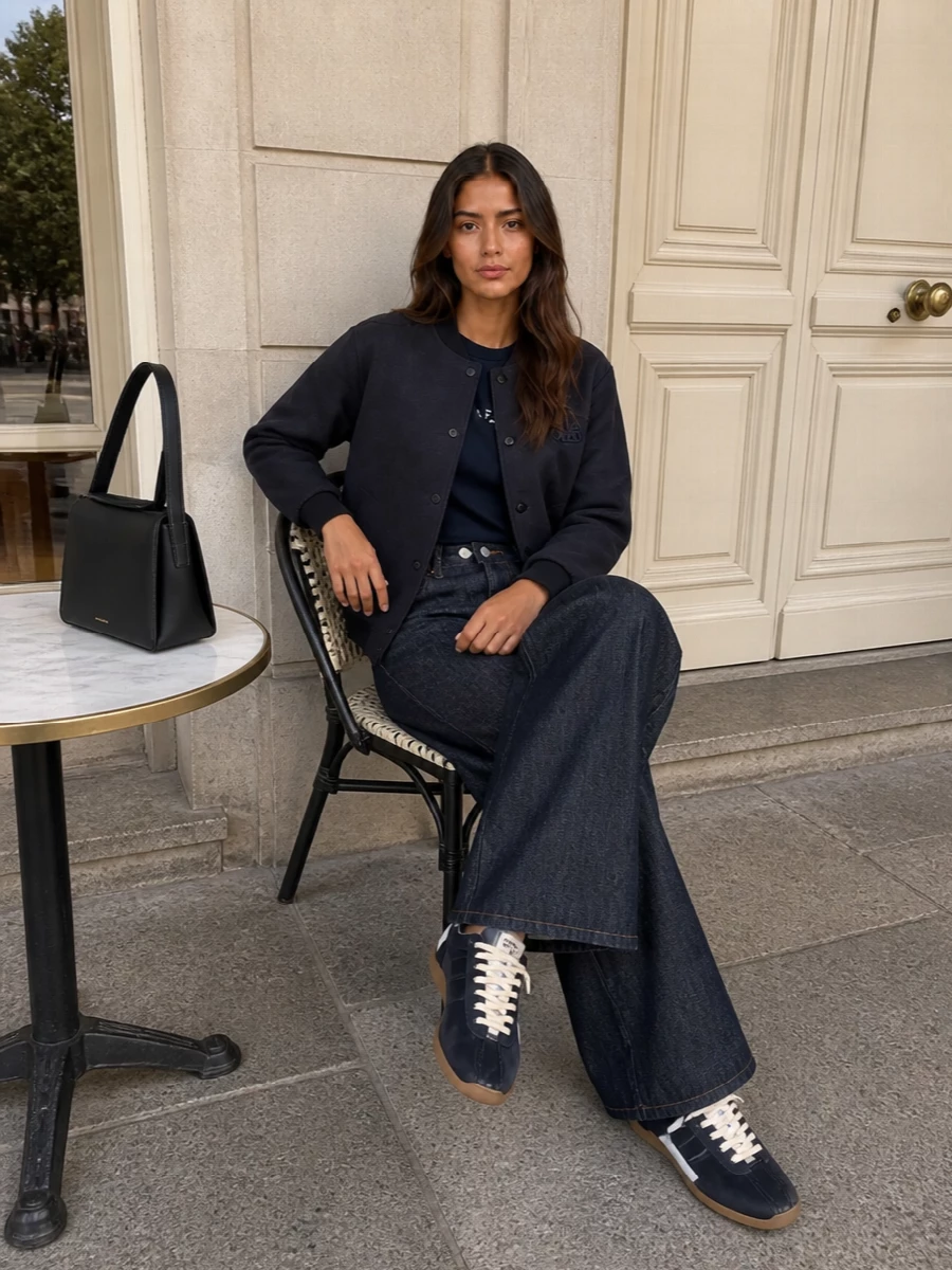 Apc navy bomber wide leg jeans outfit