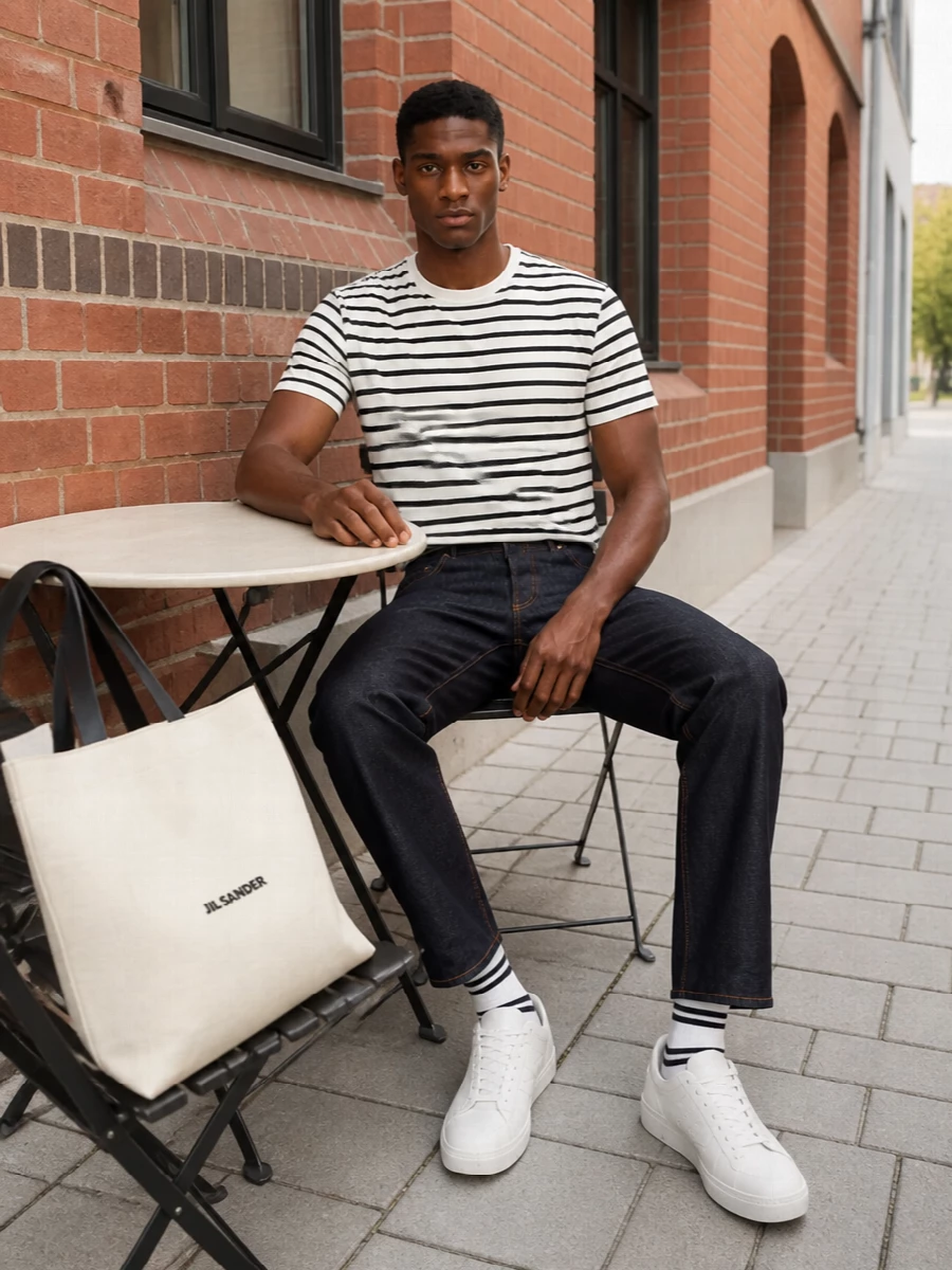 This is a crisp city uniform built around disciplined stripes and deep indigo. The raw denim sharpens the easy tee, while clean white sneakers and a graphic canvas tote keep the mood polished but relaxed. Small navy accents in the socks pick up the stripe and make the whole palette feel intentional rather than accidental.